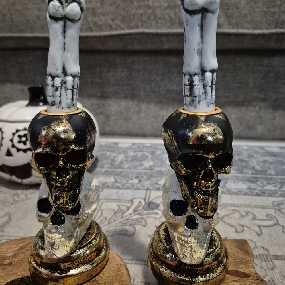 Gold and Black Skull Candle Holders With Skeleton Candles